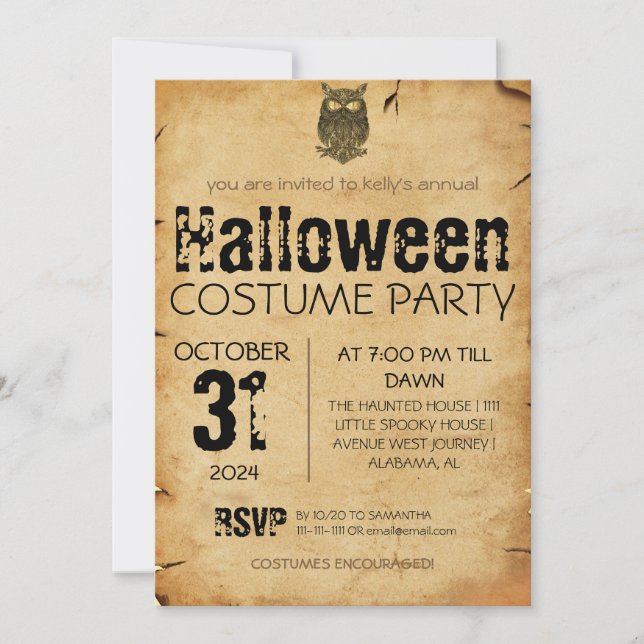 Adult Owl Vintage Gothic Halloween Costume Party  Invitation (Front)