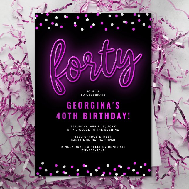 Adult Pink Neon 40th Birthday Party Invitation (Creator Uploaded)