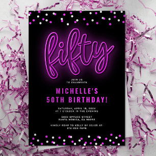 Adult Pink Neon 50th Birthday Party Invitation
