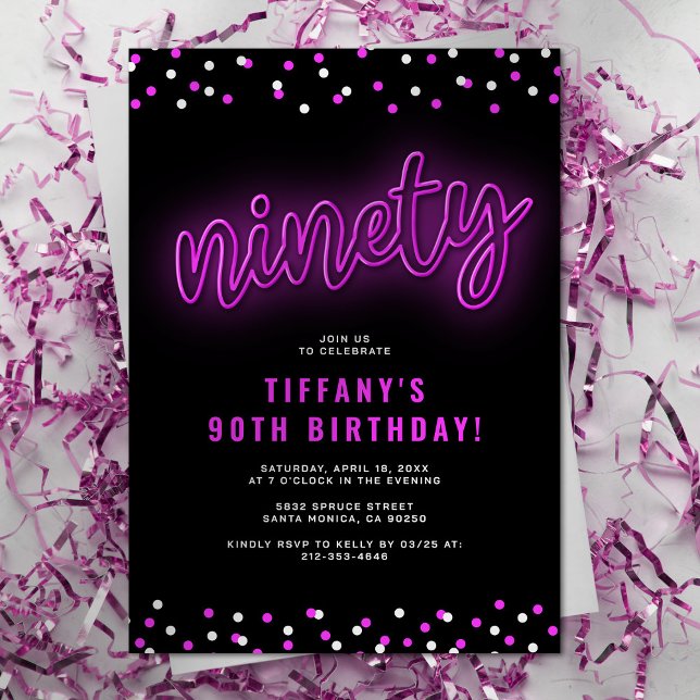 Adult Pink Neon 90th Birthday Party Invitation (Creator Uploaded)