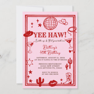 Adult Pink Red Cowgirl Western Birthday  Invitation
