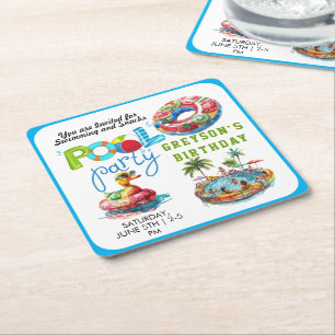 Adult Pool Party Summer Beach Birthday Square Paper Coaster