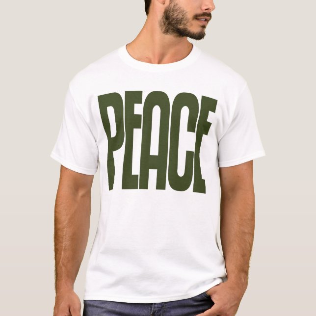 Adult Shirt, Olive Green Peace Sign and Peace Text T-Shirt (Front)