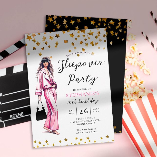 Adult Sleepover Party Fashion Pink 30th Birthday Invitation (adult sleepover party invitation 30th birthday women fashion pajama hot pink gold stars elegant chic)