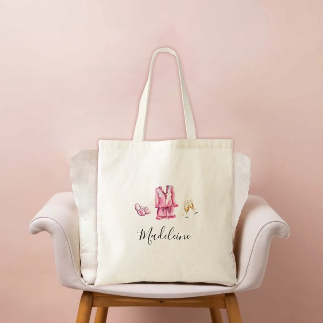 Adult Sleepover PJ Pajama Party Custom Name Gift Tote Bag (bridesmaid gift bachelorette bridal birthday pj pajama slumber sleepover lingerie party watercolor)