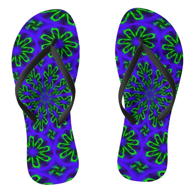 Adult Slim Straps with Green and Blue Design Flip Flops (Footbed)