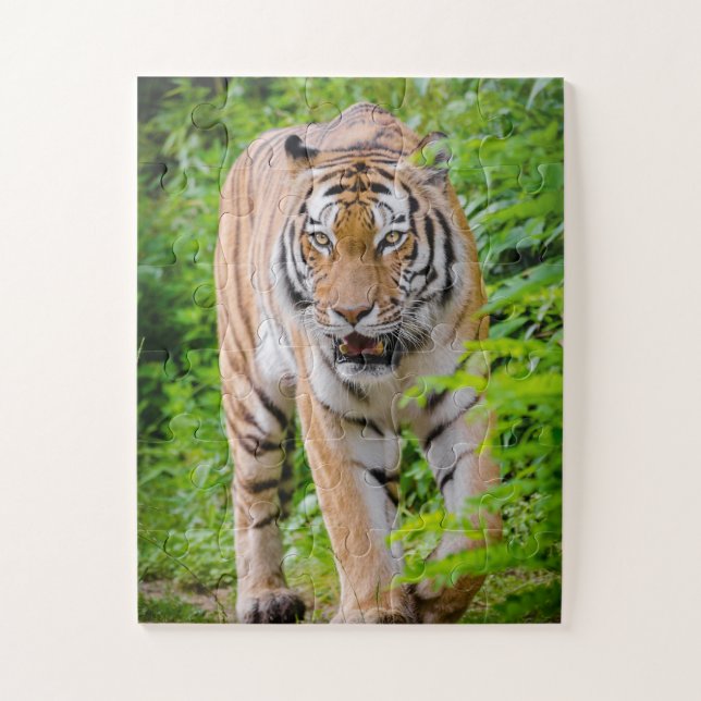 Adult Tiger Prowling Among Bright Green Leaves Jigsaw Puzzle (Vertical)