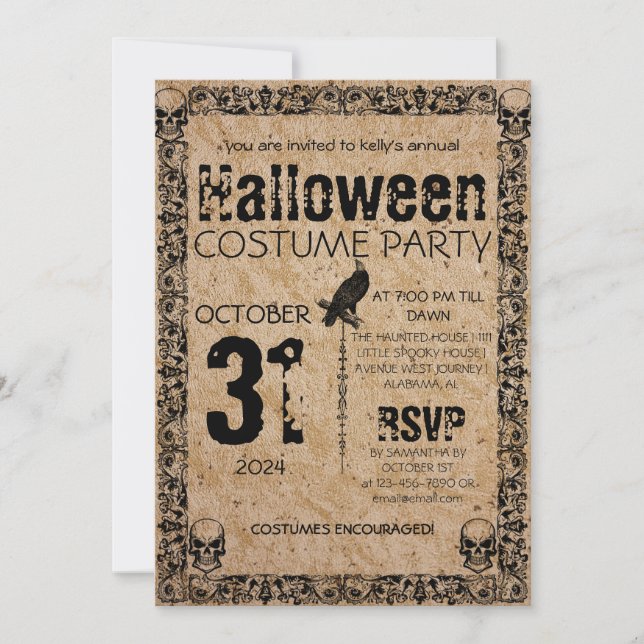 Adult Vintage Gothic Halloween Costume Party Invitation (Front)