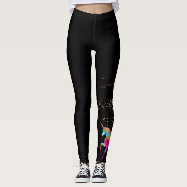 Adult Woman's Gold Glitter Rainbow Unicorn - Black Leggings (Front)