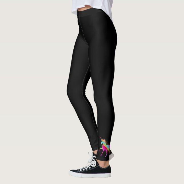Adult Woman's Gold Glitter Rainbow Unicorn - Black Leggings (Left)