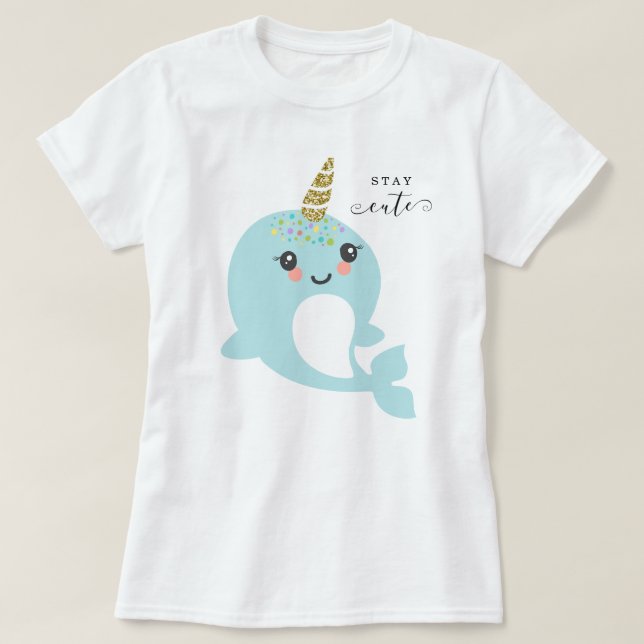 Adult Woman's Narwhal Gold Glitter Rainbow Stripes T-Shirt (Design Front)