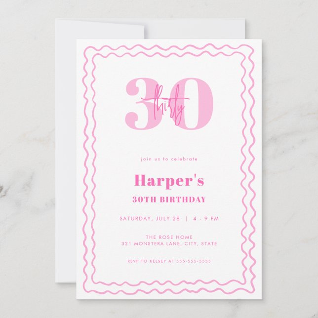 Adult Women Pink Wavy Birthday Invitation (Front)