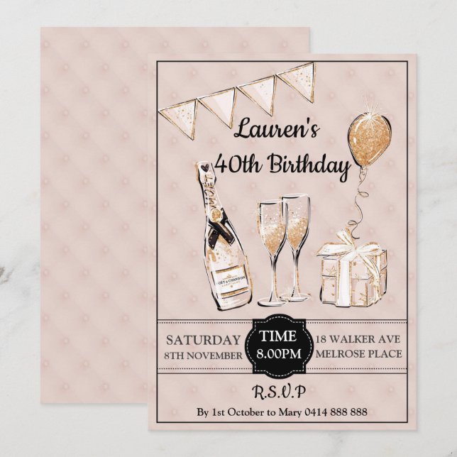 Adults 30th 40th 50th champagne Birthday party Invitation (Front/Back)
