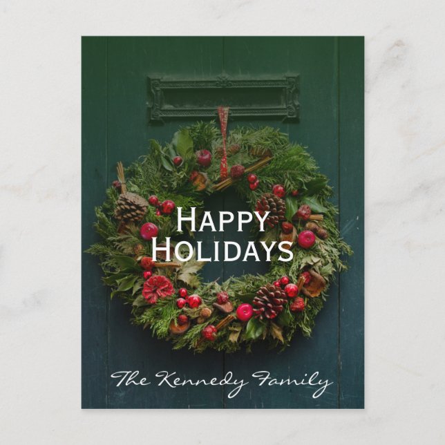 Advent Christmas wreath on wooden door Holiday Postcard (Front)