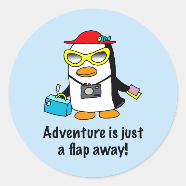 Adventure A Flap Away Tourist Penguin Classic Round Sticker (Front)