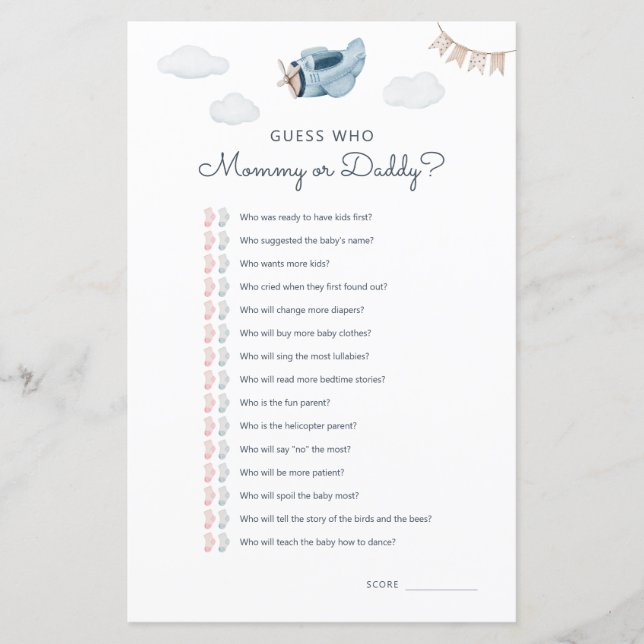 Adventure Aeroplane Baby Shower Guess Who Game (Front)