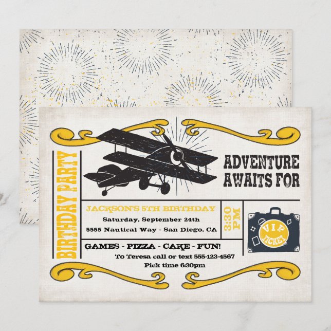 Adventure Aeroplane Ticket Birthday Party Invitation (Front/Back)