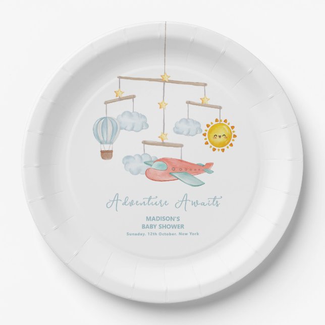 Adventure Airplane Hot Air Balloon Baby Shower  Paper Plate (Front)