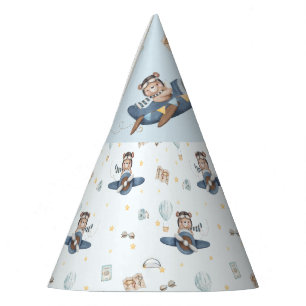 Adventure Aviation Bear Blue Plane 1st Birthday Party Hat