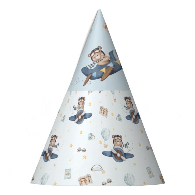 Adventure Aviation Bear Blue Plane 1st Birthday Party Hat (Left)