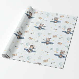 Adventure Aviation Bear Blue Plane  Wrapping Paper