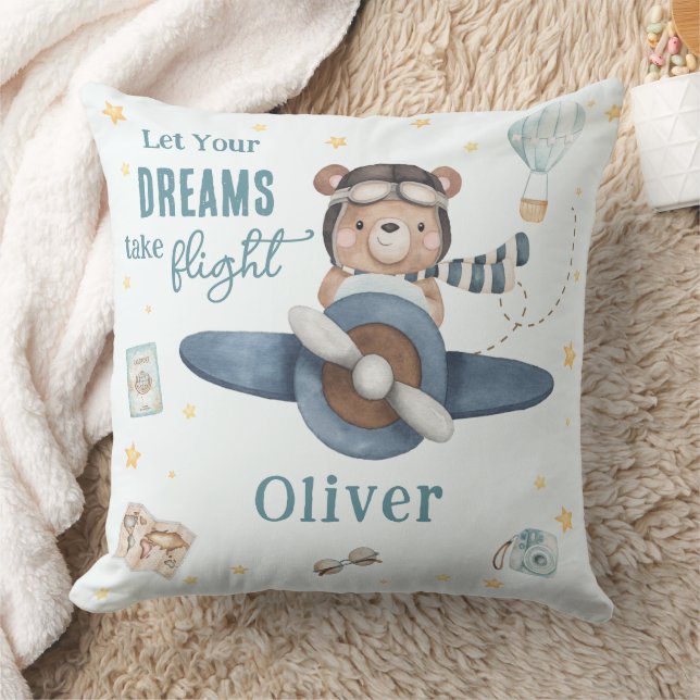Adventure Aviation Cute Bear Blue Plane  Cushion (Blanket)