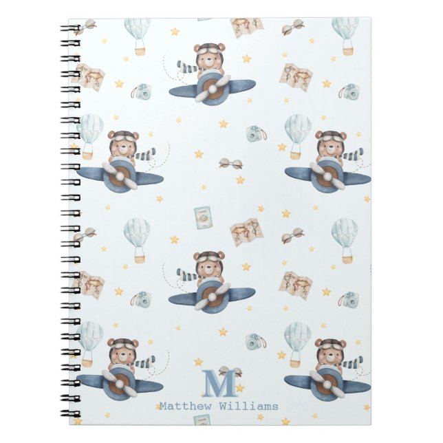 Adventure Aviation Cute Bear Blue Plane Monogram Notebook (Front)