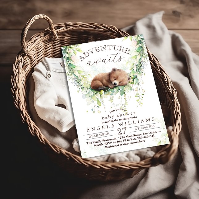 Adventure Await Woodland Bear Greenery Baby Shower Invitation (Creator Uploaded)