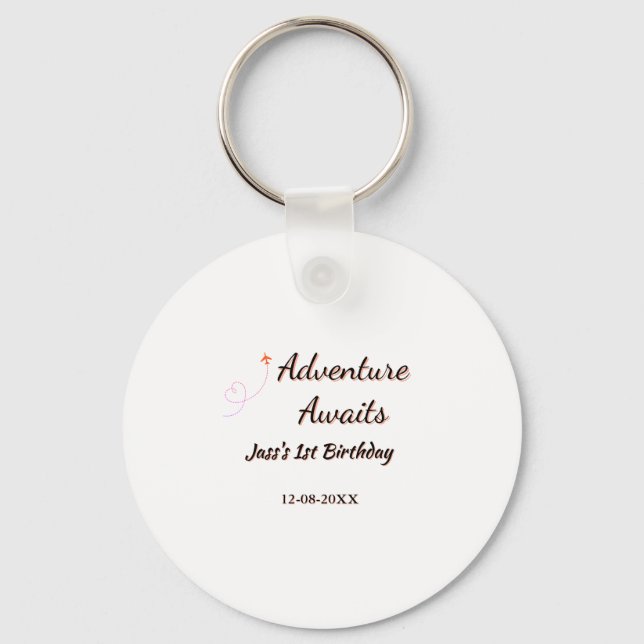 Adventure awaits 1st birthday name date planeretro key ring (Front)