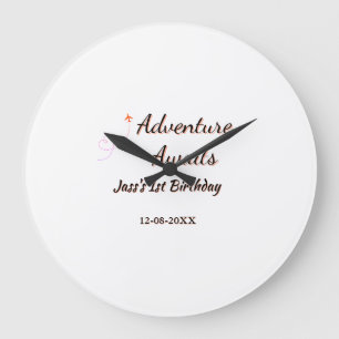 Adventure awaits 1st birthday name date planeretro large clock