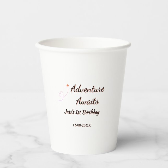 Adventure awaits 1st birthday name date planeretro paper cups (Front)