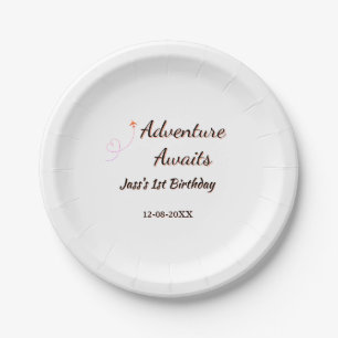 Adventure awaits 1st birthday name date planeretro paper plate