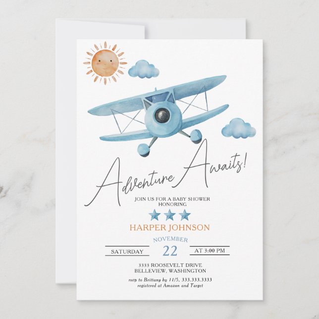 Adventure Awaits Aeroplane Baby Shower Invitation (Front)