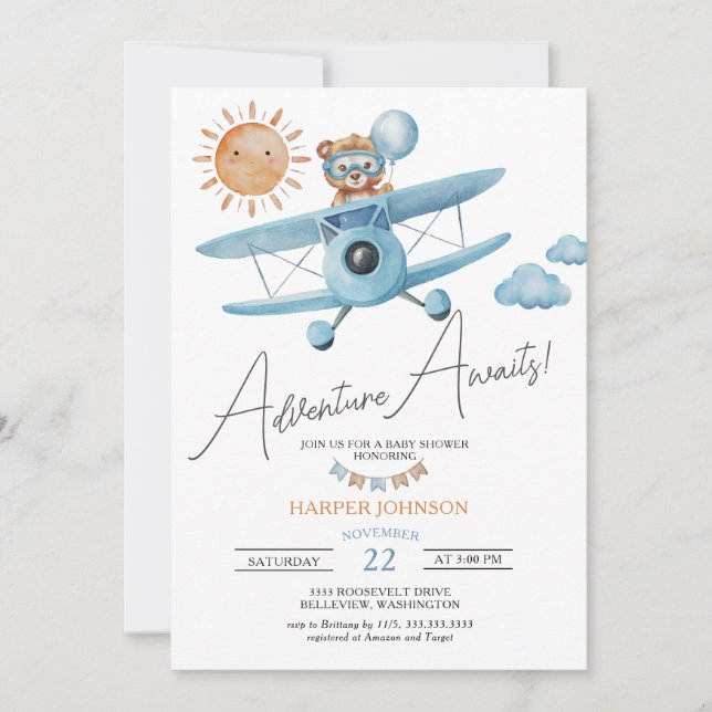 Adventure Awaits Aeroplane Teddy Bear Baby Shower  Invitation (Front)