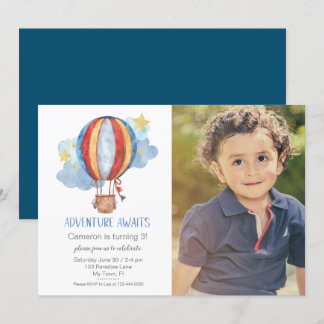 Adventure Awaits Air Balloon Photo Birthday Party Invitation