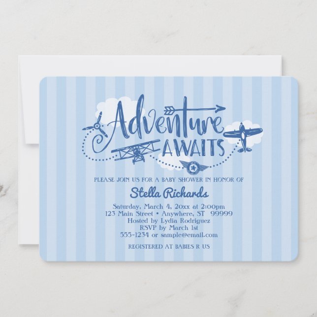 "Adventure Awaits" Aviation Baby Shower Invitation (Front)