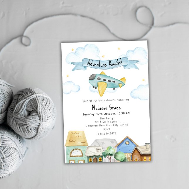 Adventure Awaits Aviator Aeroplane Baby Shower  Invitation (Adventure Awaits Aviator Airplane Baby Shower Invitation)
