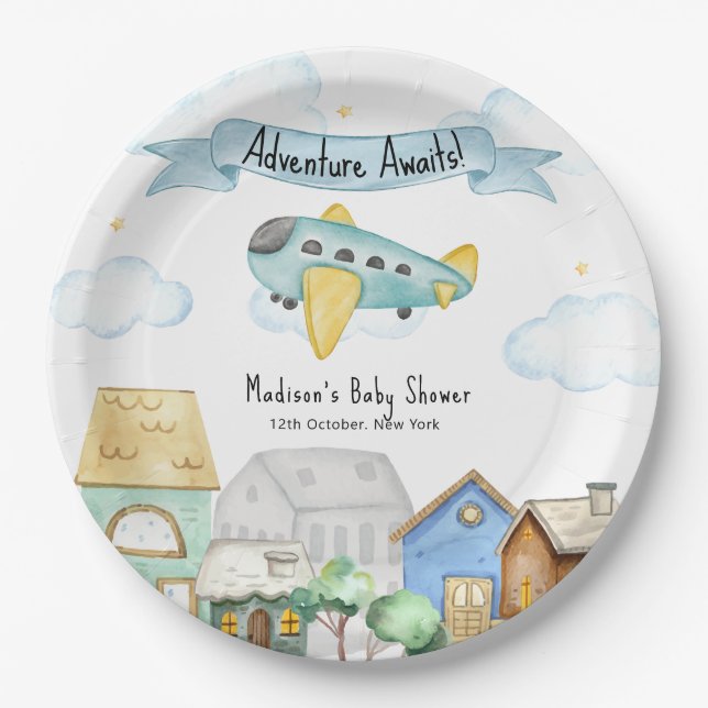 Adventure Awaits Aviator Airplane Baby Shower  Paper Plate (Front)