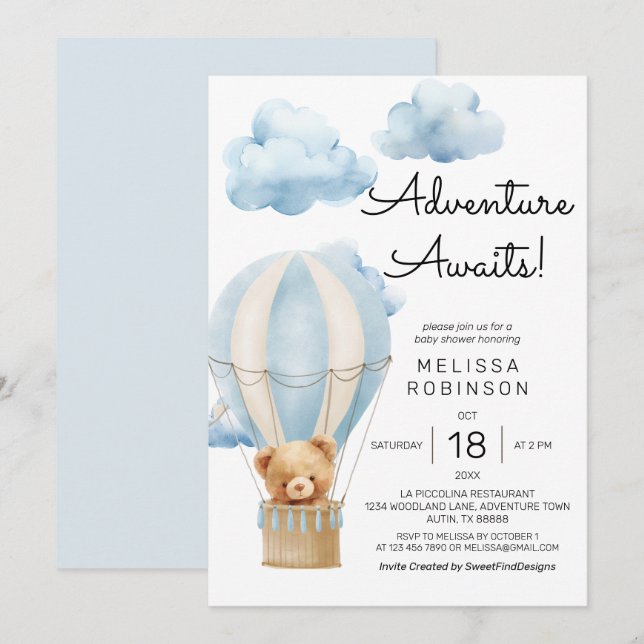Adventure awaits baby boy shower invitation (Front/Back)
