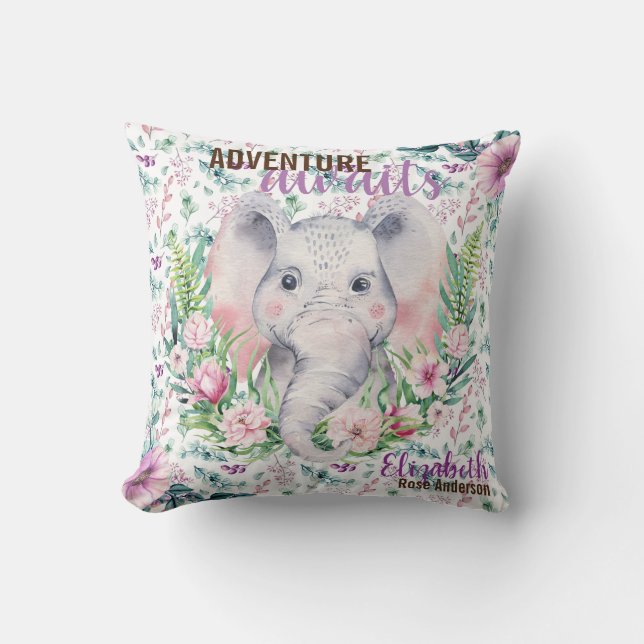 Adventure Awaits Baby Elephant Purple Floral Named Cushion (Front)