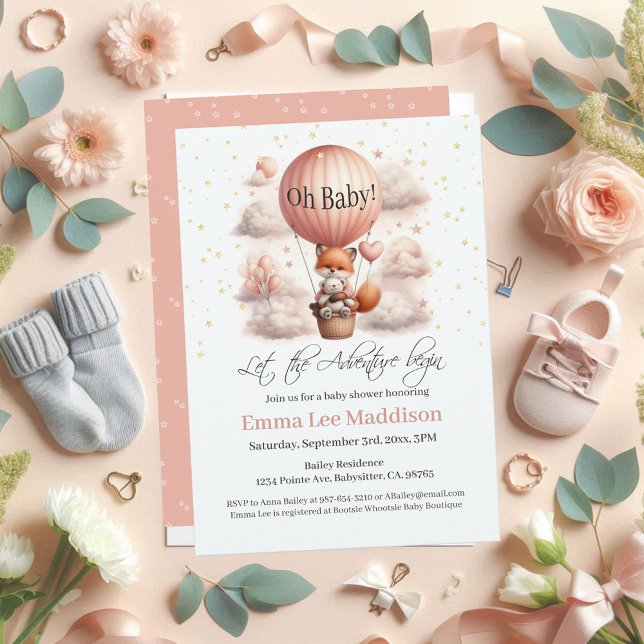 Adventure Awaits Baby Fox in Hot Air Balloon Invitation (Creator Uploaded)