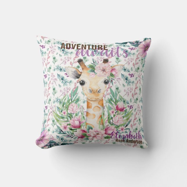 Adventure Awaits Baby GIRAFFE Purple Floral Named Cushion (Front)