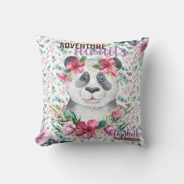 Adventure Awaits Baby PANDA BEAR Purple Floral Cushion (Front)
