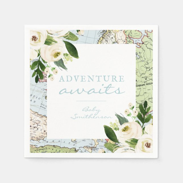 Adventure Awaits Baby Shower Floral Map Custom Nap Napkin (Front)