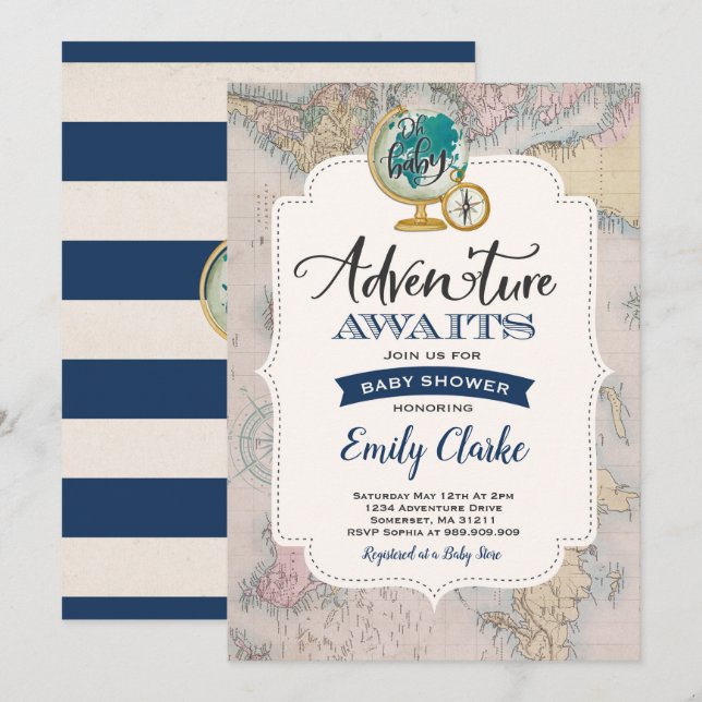 Adventure Awaits Baby Shower Invitation Map Shower (Front/Back)
