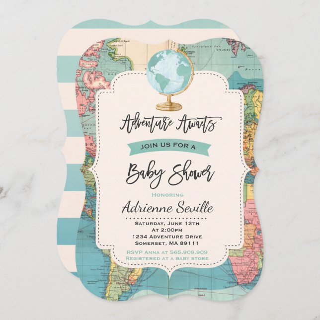 Adventure Awaits Baby Shower Invitation Map Shower (Front/Back)