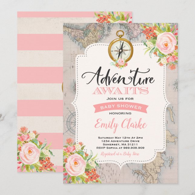 Adventure Awaits Baby Shower Invitation Map Shower (Front/Back)