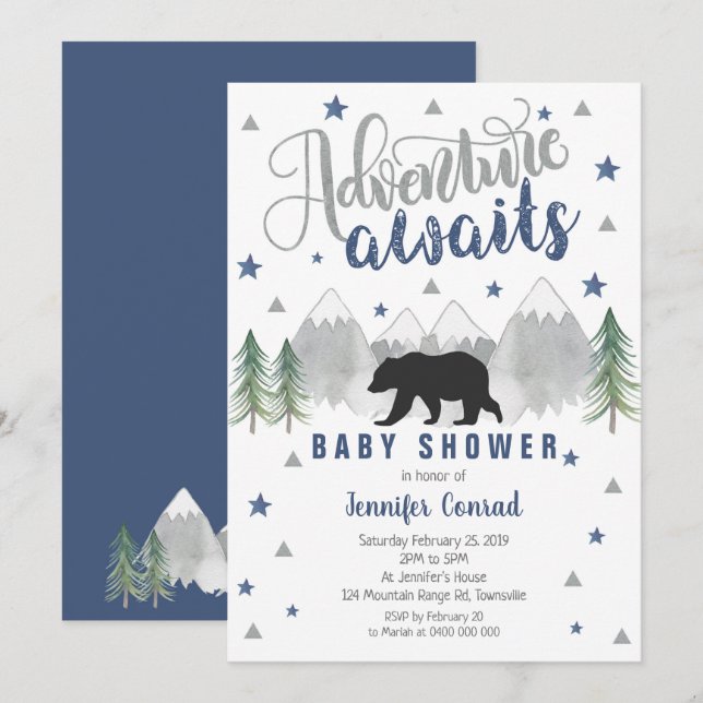 Adventure Awaits Baby Shower Invitation Navy (Front/Back)