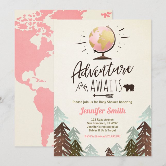 Adventure awaits Baby shower invite Vintage Girl (Front/Back)