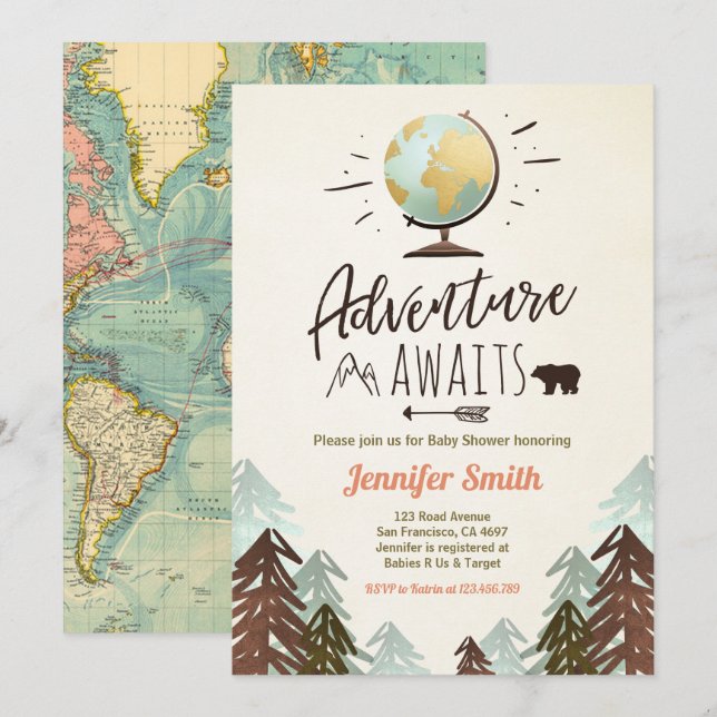 Adventure awaits Baby shower invite Vintage Rustic (Front/Back)